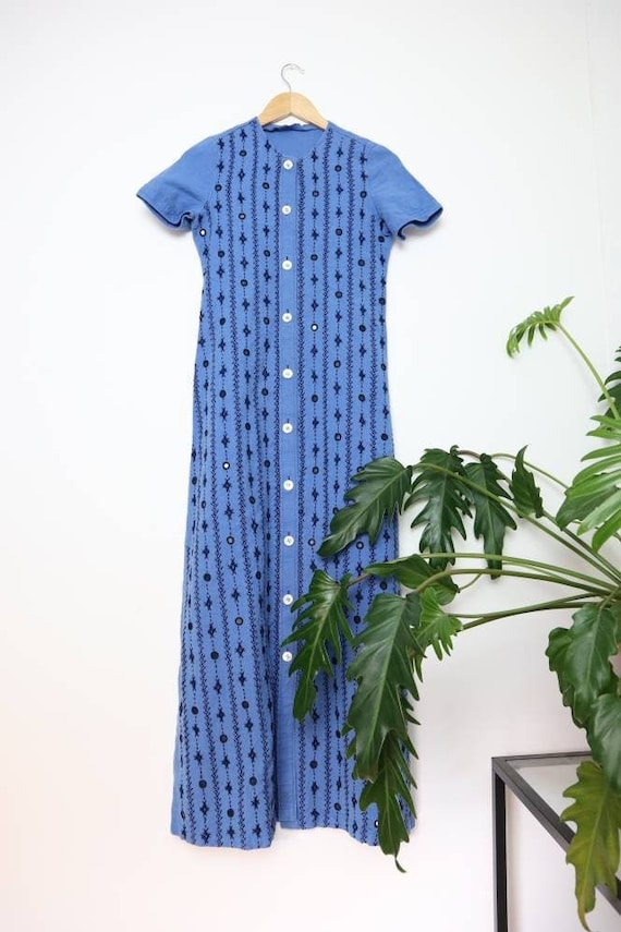 Vintage linen Banjara/Afghan embroidered blue maxi