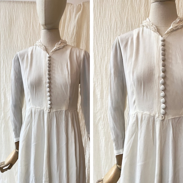 robe de mariée en soie crêpe vintage des années 1930 avec col en dentelle taille S/M