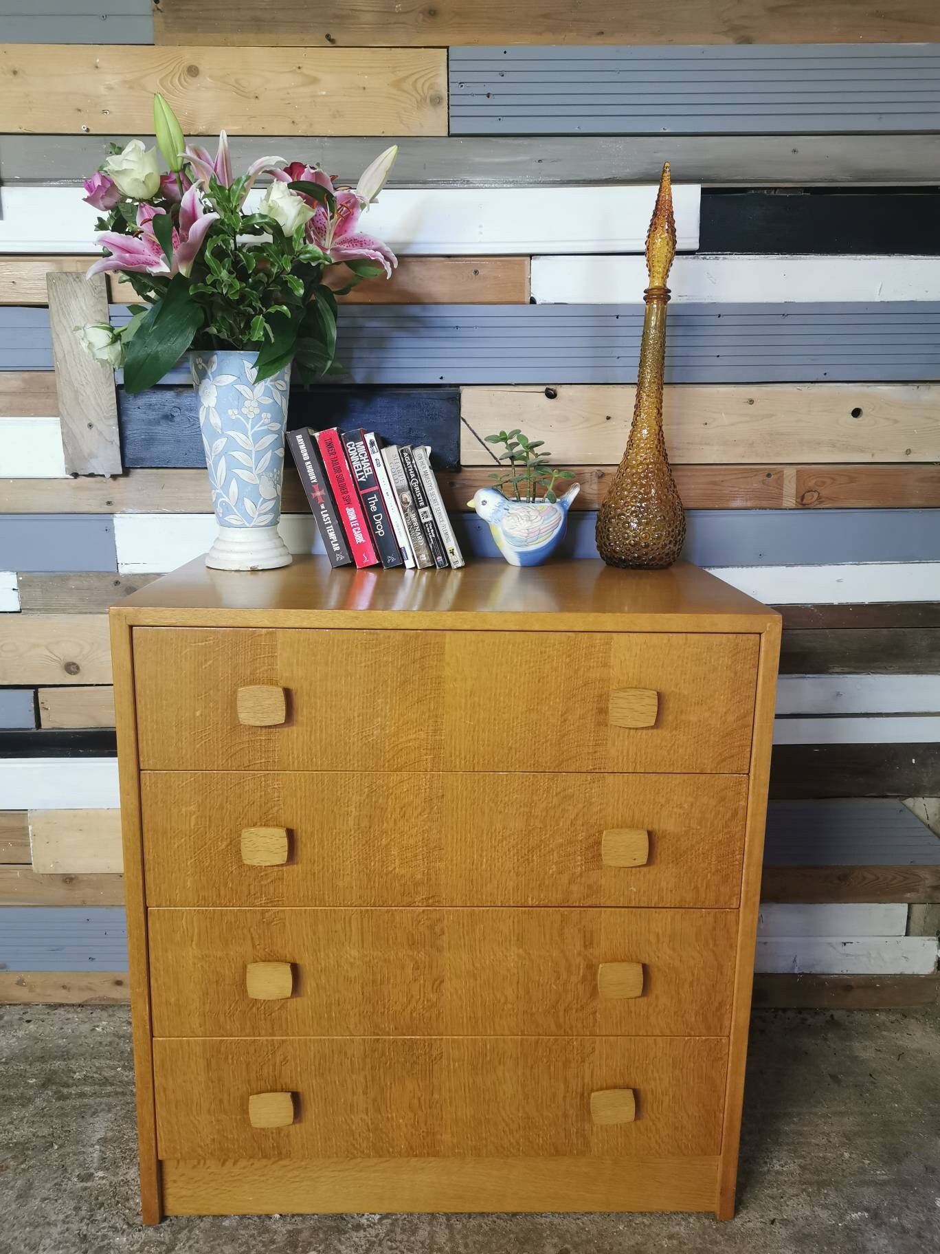 Vintage Retro Mid Century Light Oak Chest Of Four Drawers Etsy