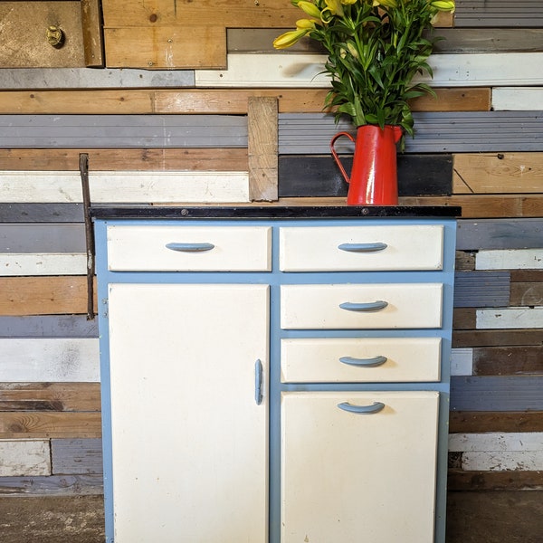 Vintage industrial kitchen dresser larder cupboard with enamel top