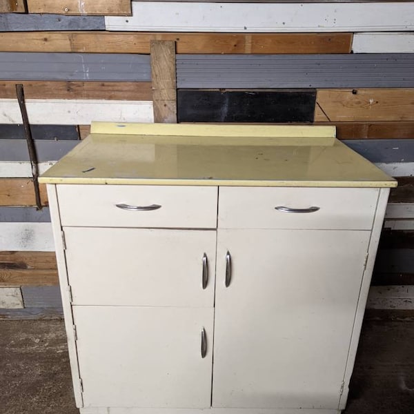 Vintage Retro Mid Century kitchen dresser distressed yellow painted top Livingroom Storage