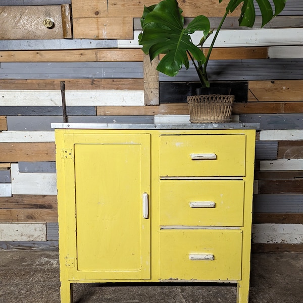 Vintage industrial yellow kitchen dresser larder cupboard with metal top