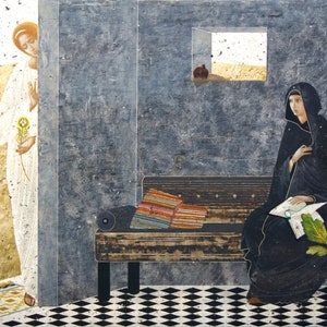 Annunciation, original print on natural canvas and stretcher of modern icon, made by Ivanka Demchuk