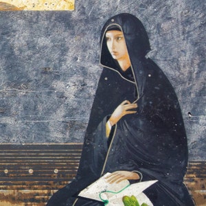 Mary, original print on natural canvas and stretcher of modern icon, made by Ivanka Demchuk