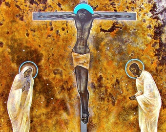 Crucifixion, original print on natural canvas and stretcher of modern icon, made by Arsen Bereza (A.D.33 Art)