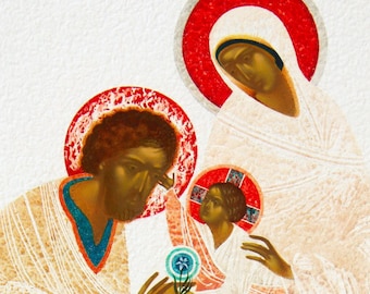 The Holy Family, original print on natural canvas and stretcher of modern icon, made by Ivanka Demchuk