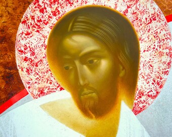 Face of Christ, original print on natural canvas and stretcher of modern icon, made by Ivanka Demchuk