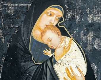 Mary with the Child, original print on natural canvas and stretcher of modern icon, made by Ivanka Demchuk