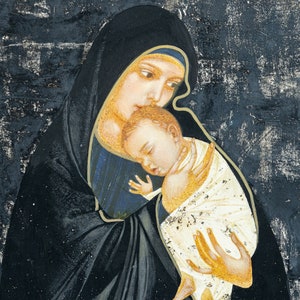 Mary with the Child, original print on natural canvas and stretcher of modern icon, made by Ivanka Demchuk