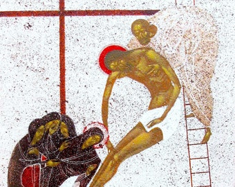 May include: A religious painting depicting a scene from the Stations of the Cross. A man is being taken down from a cross by two figures. The painting is done in a stylized, almost abstract style, with a white background and a red cross. The figures are painted in shades of brown and black.