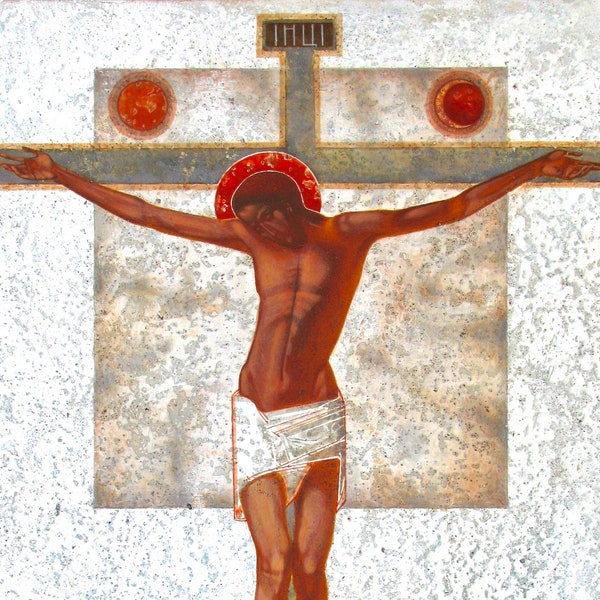 Crucifixion, original art print on natural canvas and stretcher of modern icon, made by Ivanka Demchuk