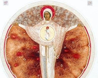 Mother of Mercy, original print on natural canvas and stretcher of modern icon, made by Ivanka Demchuk
