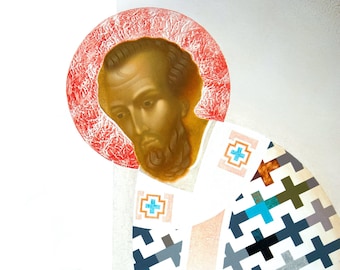 Saint Nicholas, original print on natural canvas and stretcher of modern icon, made by Ivanka Demchuk