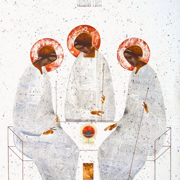 Trinity, original print on natural canvas and stretcher of modern icon, made by Ivanka Demchuk