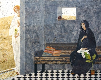 Annunciation, original print on natural canvas and stretcher of modern icon, made by Ivanka Demchuk