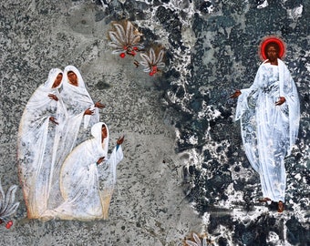 May include: A religious painting depicting a scene from the Bible. Three women in white robes kneel before a man in a white robe, who is walking away from them. The background is a textured gray and black surface.