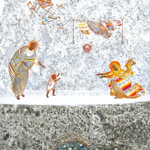 Hidden life in Nazareth, original giclee full colour print on natural canvas and stretcher of modern icon, made by Ivanka Demchuk