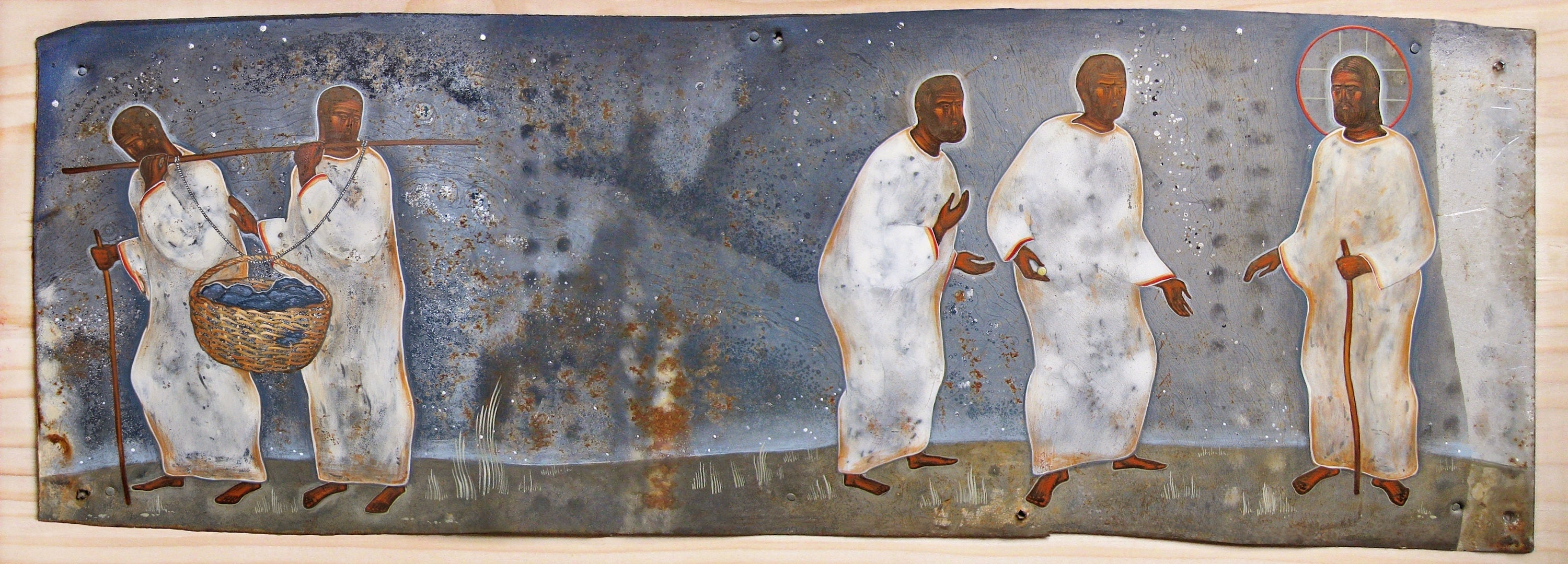 The parable about wineyard workers, original giclee full colour print on natural canvas and stretcher of modern icon, made by Arsen Bereza
