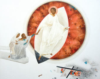 May include: A watercolor painting depicting a religious scene. A figure in white robes, possibly Jesus, is surrounded by a red and orange circle. Two figures in white robes are reaching out to the figure in the circle. The background is white with scattered geometric shapes.