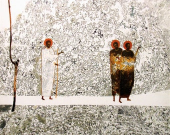 Road to Emmaus, original print on natural canvas and stretcher of modern icon, made by Ivanka Demchuk