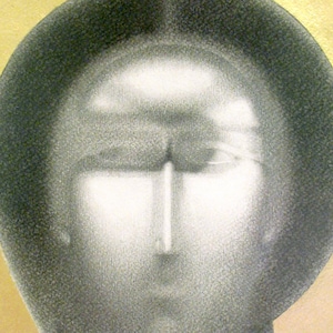 May include: A close-up of a black and white portrait of a person with a blurred background. The person's face is obscured by a dark shadow, but their eyes are visible.