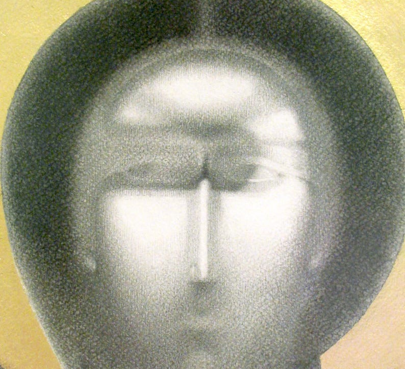May include: A close-up of a black and white portrait of a person with a blurred background. The person's face is obscured by a dark shadow, but their eyes are visible.