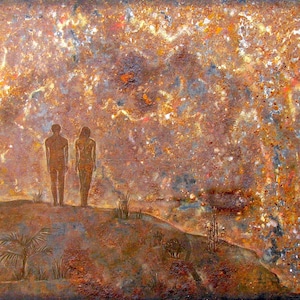 May include: A rusty metal artwork depicting two figures standing on a hill, looking out at a rusty, textured sky. The figures are silhouetted against the sky, and the artwork has a vintage, weathered look.