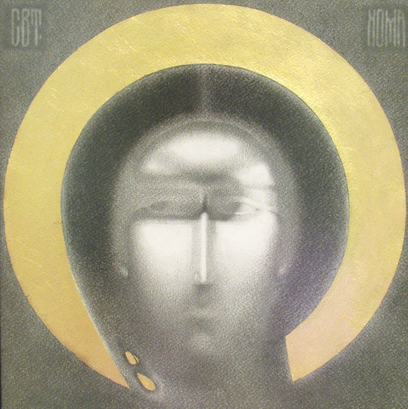 May include: A black and white portrait of a person with a gold halo. The person's face is obscured by shadows, but their eyes are visible. The halo is a circle of gold that surrounds the person's head.