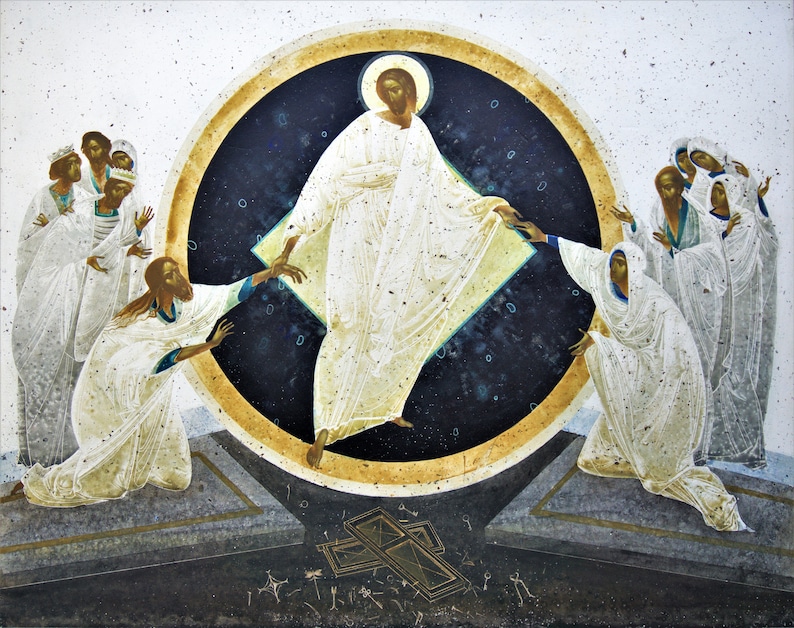 Resurrection, original giclee full colour art print on natural canvas and stretcher of modern icon, made by Ivanka Demchuk