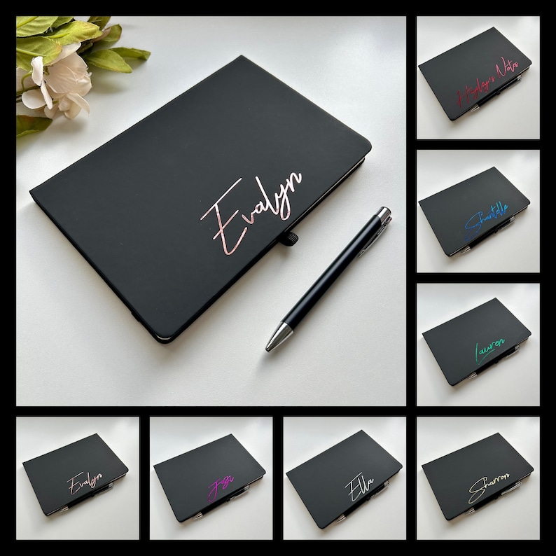 Personalised notebook A5 note book, journal, black with rose gold font, gift boxed with matching pen, teacher, uni, thank you, valentines image 2