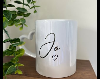 Personalised mug with heart handle, name and heart, gift for bridesmaid, friend, work, leaving, birthday, thank you, colleague, sister