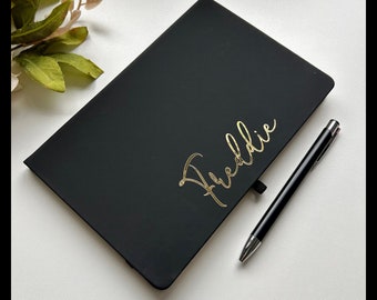 Personalised A5 Notebook/journal, matching pen and gift box, Choice of notebook and font colours.  Gift for Birthdays, Thank you, Christmas