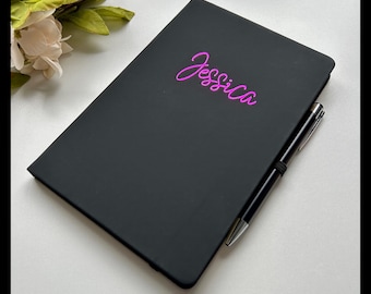 Personalised A5 Notebook/journal, matching pen and gift box, Choice of notebook and font colours.  Gift for Birthdays, Thank you, Christmas