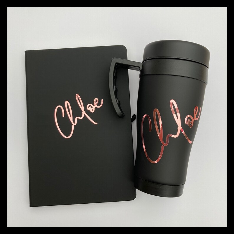 Personalised black thermal travel mug and matching A5 notebook Etsy