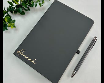 Personalised A5 Notebook/journal, matching pen and gift box, Choice of notebook and font colours.  Gift for Birthdays, Thank you, Christmas