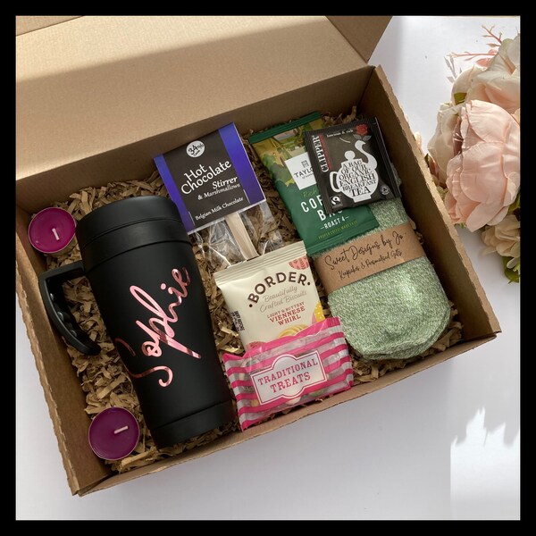 Personalised travel mug gift box/hamper. Travel mug, socks, tea lights, biscuit, sweets, hot chocolate stirrer, tea & coffee. Christmas gift