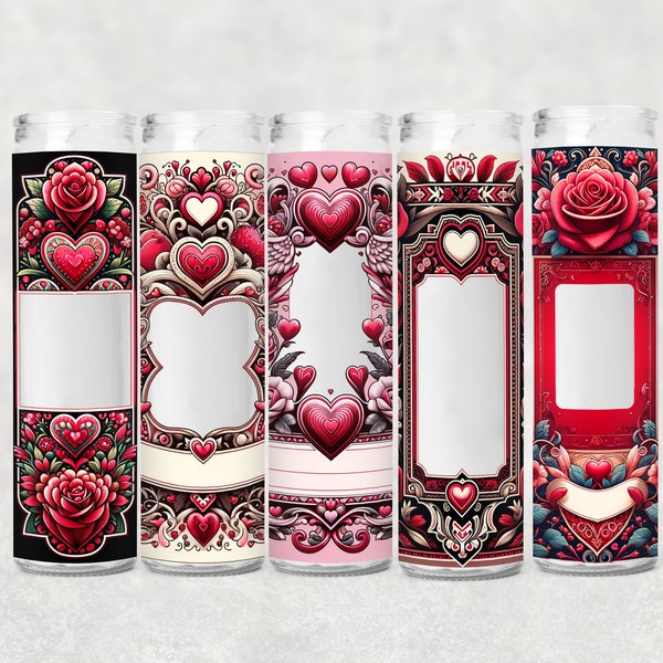 Happy Valentines Tall Cylinder prayer Candle custom PNG bundle Labels stickers templates , memorial , Feast Day Celebration