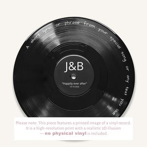 May include: A black vinyl record print featuring a central label with the letters J&B, the text "Happily ever after" and the date 10-10-2026. The outer edge includes the text "A short lyric or phrase from your special song, or any text you like".