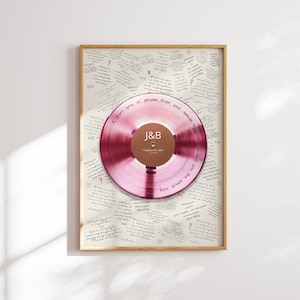 May include: A framed wall art piece featuring a translucent pink vinyl record centered over a cream-colored background filled with repeating handwritten text. The record label is brown with the white text J&B and Happily ever after.