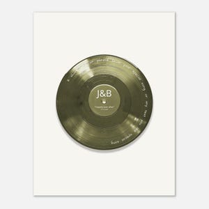 May include: A circular, translucent olive-green vinyl record featuring a central label with the white text J&B and Happily ever after 10.10.2024. The record surface includes the white text A short line or phrase from your special song or any text you like special song.