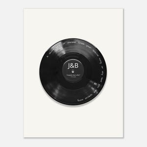May include: A black vinyl record print featuring white text along the outer edge that reads A short lyric or phrase from your special song or any text you like special song. The center label displays the letters J&B and Happily ever after 10-10-2020.