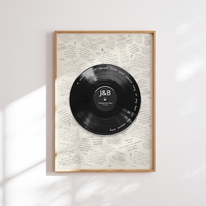 May include: A framed wall art piece featuring a black vinyl record centered on a cream-colored background. The record label displays the letters J&B and the text "Happily ever after". The background is covered in repeating handwritten text.