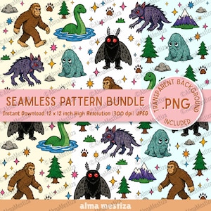 May include: A seamless pattern featuring illustrations of Bigfoot, the Loch Ness Monster, a Mothman, a Chupacabra, and a crying swamp creature, interspersed with pine trees, mountains, rocks, paw prints, and colorful stars on a white background.