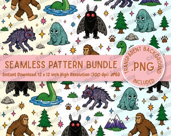 Cryptid pattern bundle PNG - Digital Download High Resolution JPG -Hand-Drawn Cryptid Shirts