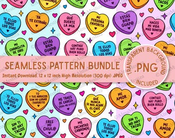 Valentine's day candy hearts pattern bundle PNG - Digital Download High Resolution JPG - Spanish Words
