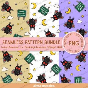 Cute Mothman pattern bundle PNG - Digital Download High Resolution JPG - Cryptid Stickers