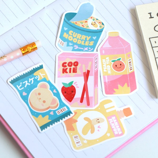 CUTE SNACKS STICKERS | Pack de 5 stickers | Stickers nourriture / Packagings mignons | Stickers téléphone / ordinateur / bujo