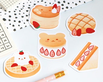 CUTE PASTRIES STICKERS | 5 stickers pack | Fluffy pancakes / waffles / melon pan / strawberry | Kawaii Stickers | Food Stickers