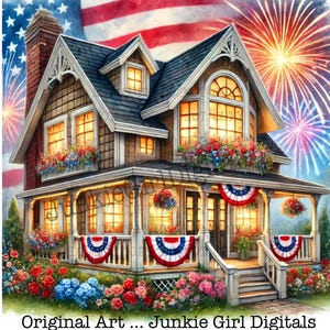Patriotic JPG, 5 House JPG Clipart, July 4th Art, Journaling, Scrapbooking, Digital Download, Card Making, Patriotic Decor, Independence Day