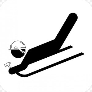 May include: Black and white illustration of a person wearing a hard hat and holding a hammer, sliding down a sled.